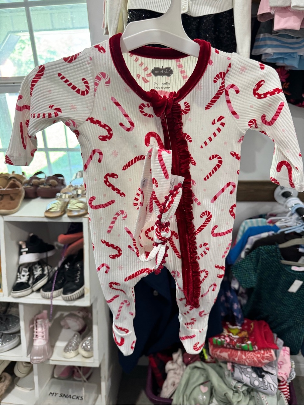 Mud Pie White and Red Candy Cane Footie One-Piece